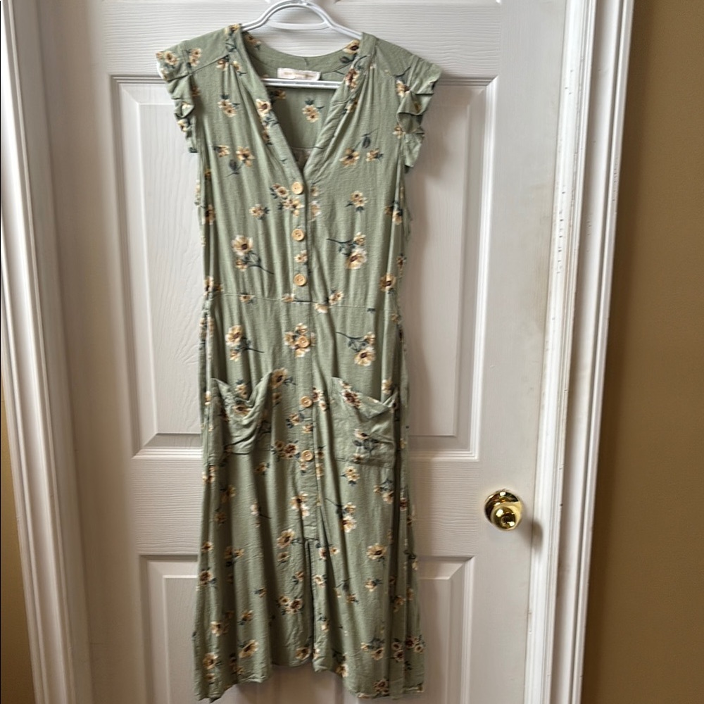 Floral Green Midi Dress with Button Detail
